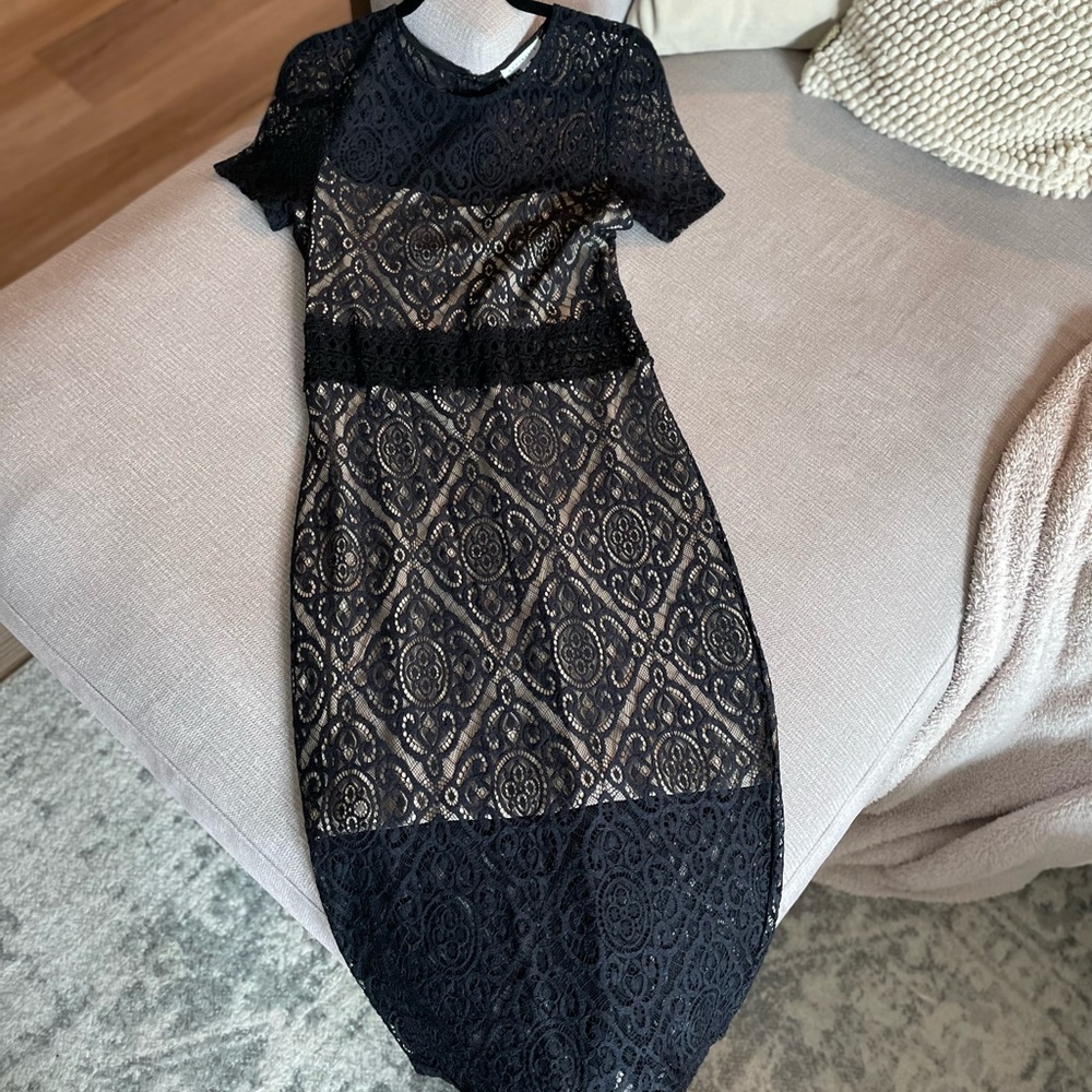 Socialite black lace midi dress with cutout waist, worn once